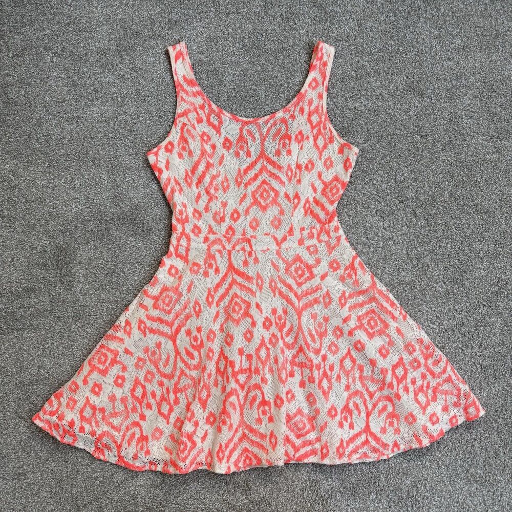 Bethany Mota Dress Juniors M Pink Neon Lace Fit & Flare Skater Geometric 2013